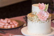2 Tier Wedding Cake With Gold Sequin And Edible Peony
