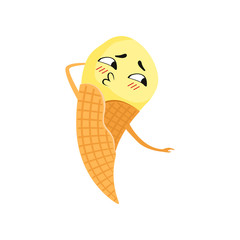 Canvas Print - Cartoon character of yellow ice-cream in waffle cone. Tasty frozen dessert with cute face and little hands. Flat vector element