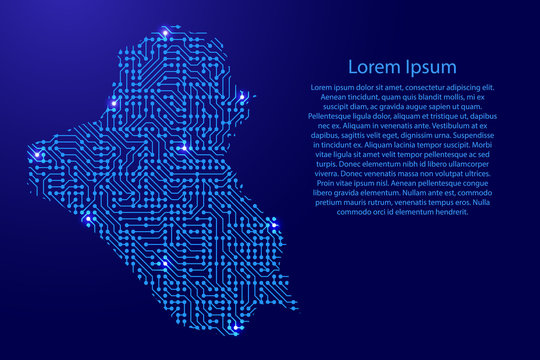 Map Iraq from printed board, chip and radio component with blue star space on the contour for banner, poster, greeting card, of vector illustration.