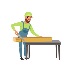 Sticker - Male carpenter in uniform cutting a wooden plank with hand saw vector Illustration on a white background