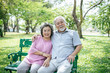 © Johnstocker - healthy senior couple relaxing  seats on Chair in the park