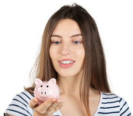 Canvas Print - Woman with a piggy bank. Isolated over white background