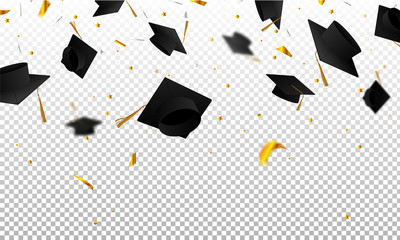 graduate caps and confetti on a transparent background. caps thrown up. invitation card with diploma