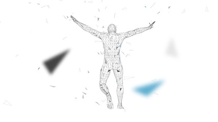 Poster - Conceptual abstract man. Connected lines, dots, triangles, particles on white background. Artificial intelligence concept. High technology vector, digital background. 3D render vector illustration.