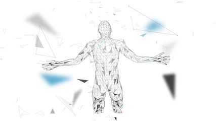 Poster - Conceptual abstract man. Connected lines, dots, triangles, particles on white background. Artificial intelligence concept. High technology vector, digital background. 3D render vector illustration.