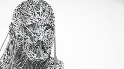 Poster - 3d rendering of cyborg face on white background represent artificial intelligence. Future science, modern technology concept. 3d illustration