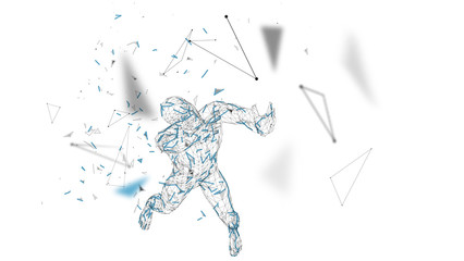 Poster - Conceptual abstract man with hands up. Connected lines, dots, triangles, particles. Artificial intelligence concept. High technology vector, digital background. 3D render vector illustration.