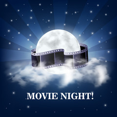 Movie night! Vector illustration with realistic moon, clouds. star sky and film strip