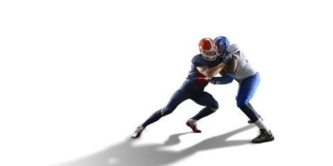 Wall Mural - Isolated American football players fight for the ball in white background