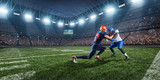 Fototapeta Sport - American football players preforms an action play in professional sport stadium