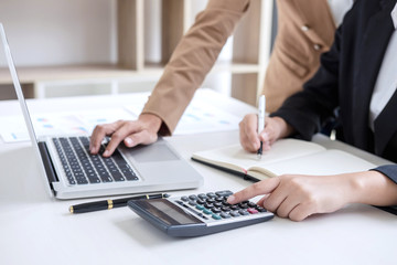Poster - Co working conference, Business team meeting present, investor colleagues discussing new plan financial graph data on office table with laptop and digital tablet, Finance, accounting, investment