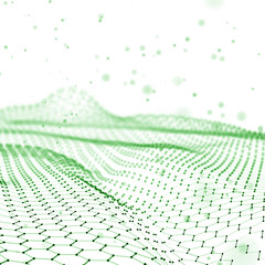 Abstract Futuristic 3d Render Illustration. Plexus polygonal background. Wireframe landscape concept. Dark sci-fi backdrop. Dots and lines connections. Space surface. Big data macro wireframe.