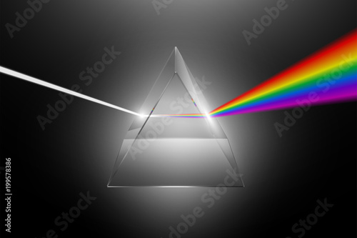 Fotografía Visible light dispersion to a spectrum on a glass prism, realistic physical effe