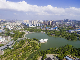 Wall Mural - Aerial view of city waterfront building