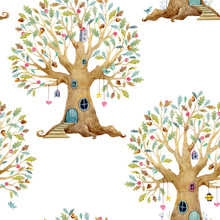 Watercolor Tree House Vector Pattern