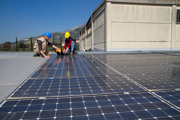 Wall Mural - young engineer girl and an elderly skilled worker fitting a photovoltaic plant