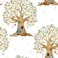 Watercolor tree house vector pattern