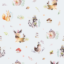 Watercolor Seamless Pattern Of Cute Baby Cartoon Hedgehog, Squirrel And Moose Animal For Nursary, Woodland Forest Illustration For Children. Forest Backgraund