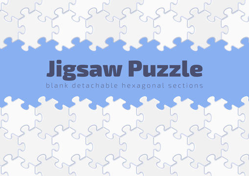 Jigsaw Puzzle - Graphic Template. Sample title surrounded by assembled hexagonal parts of jigsaw puzzle.