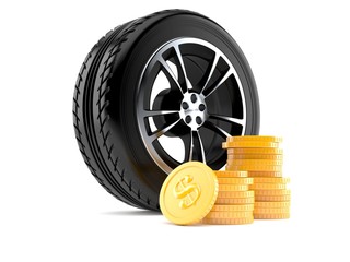 Poster - Car wheel with stack of coins