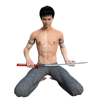3D Rendering Fighting Monk on White