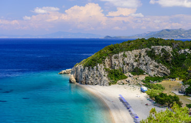 The scenic Tsabou beach, a popular destination on the Greek island of Samos, Greece