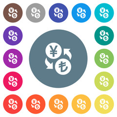 Sticker - Yen Lira money exchange flat white icons on round color backgrounds