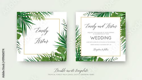 Wedding floral double invite card design with vector watercolor style tropica...