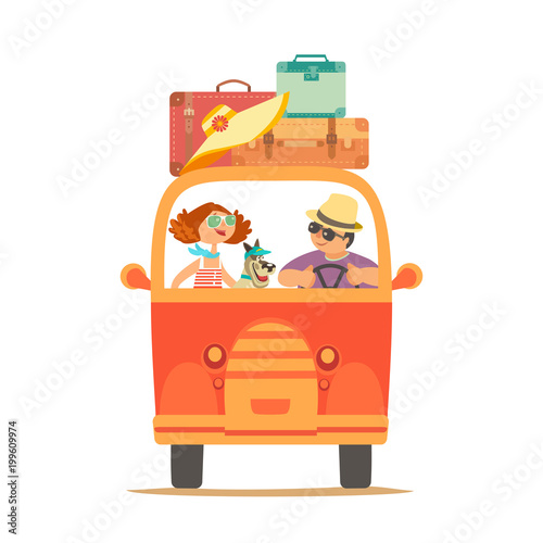Travelling By Car Icon Young Happy Travellers Dog Pet Take A Trip By Minivan Family Couple Go On Microbus Journey Summer Vacation Touring By Auto Cute Cartoon Colorful Humor Vector Illustration