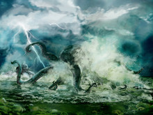 Illustration Of A Kraken Or Giant Octopus In The Storm, Spindrift Near Seashore