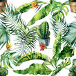 Seamless watercolor illustration of tropical leaves, dense jungle and cacti art. Pattern with tropic summertime motif and cactus illustration can be used as print, home or garden decoration