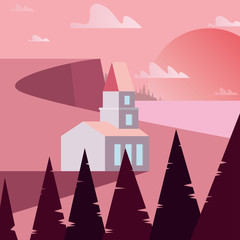 Poster - sunset landscape with house and trees, colorful design. vector illustration