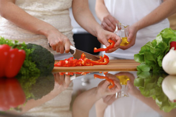 Closeup of human hands cooking in kitchen. Mother and daughter or two female cutting bell pepper for fresh salad. Healthy meal, vegetarian food and lifestyle concepts