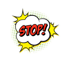 Wall Mural - retro comic speech bubble with colorful halftone shadow on white background. expression text stop. v
