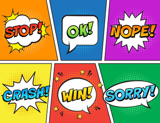 Wall Mural - retro comic speech bubbles set on colorful background. expression text stop, ok, nope, crash, win, s