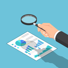 Poster - Isometric businessman hand use magnifying glass to check reports.