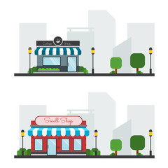 Coffee shop & Small shop in town background vector icon set