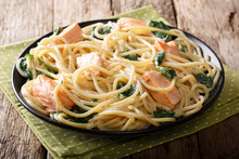 Serving Of Spaghetti With Salmon, Cream Cheese And Spinach Closeup. Horizontal