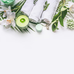 Wall Mural - pink herbal natural facial cosmetic products set with herbs and flowers on white background, top vie
