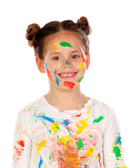 Canvas Print - Funny girl with hands and face full of paint isolated on a white background