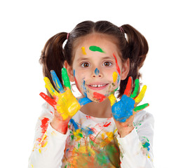 Canvas Print - Funny girl with hands and face full of paint