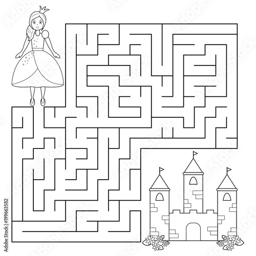 Coloring page, book for children. Maze game, help the princess find ...