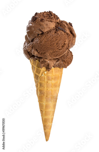 Fotografie, Obraz Chocolate ice cream with chocolate chips in waffle cone isolated on white