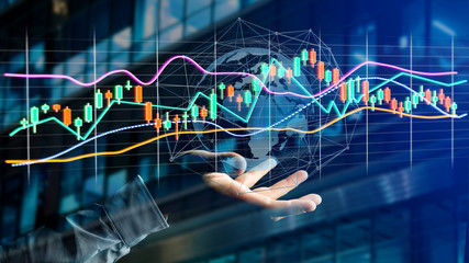 Poster - businessman holding a 3d render stock exchange trading data information display on a futuristic inte