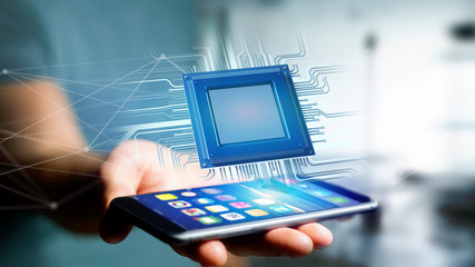 Poster - businessman using a smartphone with a processor chip and network connection - 3d render