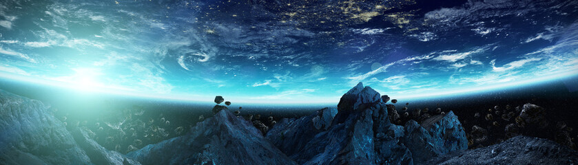 Wall Mural - panoramic view of planet earth with asteroids flying close 3d rendering elements of this image furni