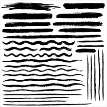 Set Of Various Vector Brush Strokes. Wide And Thin Lines Of Different Length, Waves, Stripes, Streaks, Bars, Text Background Or Underline With Rough Edges. Collection Of Hand Drawn Graphic Elements.