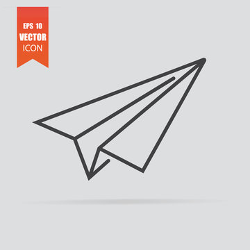 Paper airplane icon in flat style isolated on grey background.