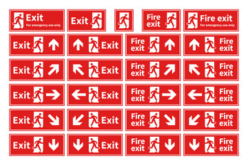 Set of emergency fire exit red signs with different directions on white