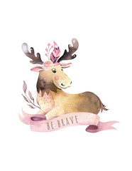  Cute watercolor bohemian baby moose animal poster for nursary, alphabet woodland isolated forest illustration for children. Baby shower animals invitation